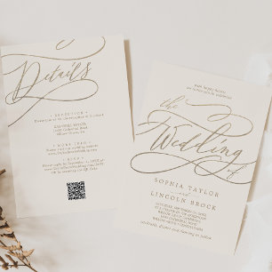 Convite Casamento com QR Code Romântico Ouro e Marfim Tudo