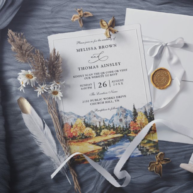Convite Casamento com QR Code Rústico de Montanha de Outon (Criador carregado)