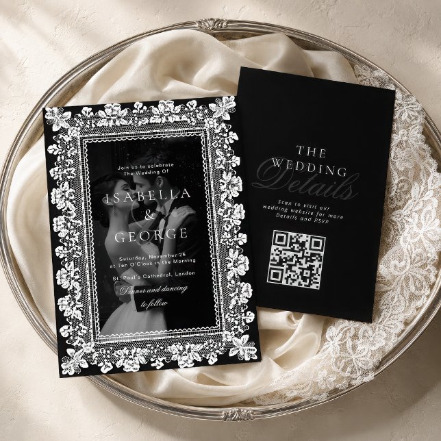 Convite Casamento com QR em Foto Preto e Branco em Renda c (Criador carregado)