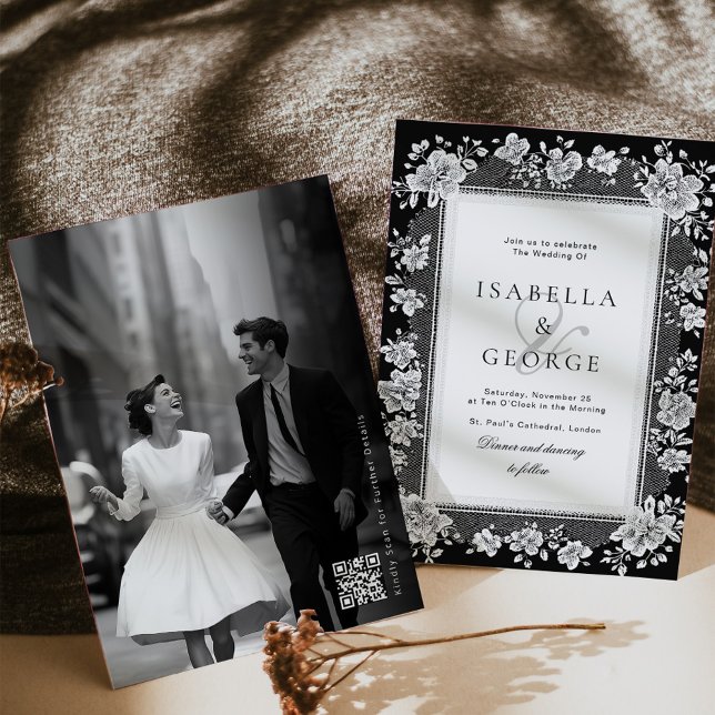 Convite Casamento com QR Foto em Preto e Branco Renda Dinh (Criador carregado)