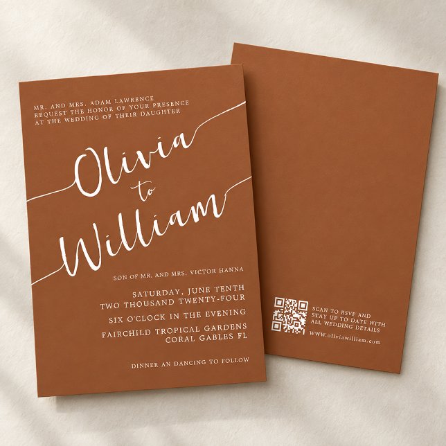 Convite Casamento com QR Script Laranja Queimado (Burnt Orange QR Script Wedding)