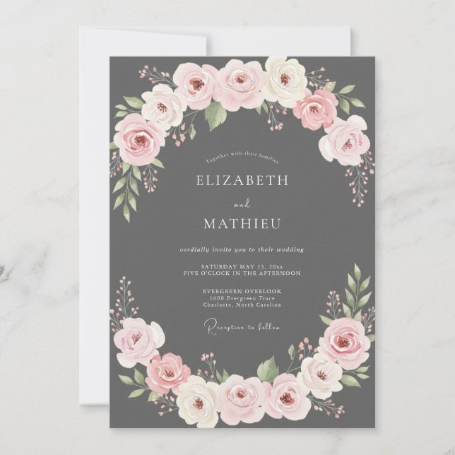Convite Casamento com Ranúnculo Charcoal Blush e Eucalipto (Frente)