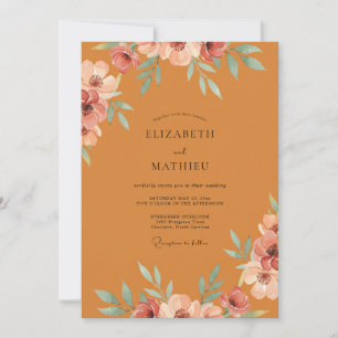Convite Casamento com Ranúnculo Coral Ochre e Eucalipto