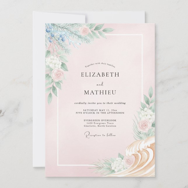 Convite Casamento com Ranúnculo de Eucalipto e Periwinkle  (Frente)
