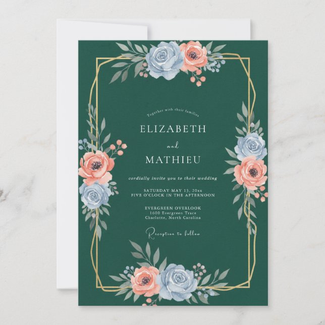 Convite Casamento com Ranúnculo Dourado em Teal Escuro e E (Frente)