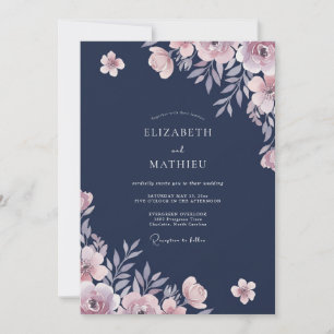 Convite Casamento com Ranúnculo Eucalipto Azul Marinho
