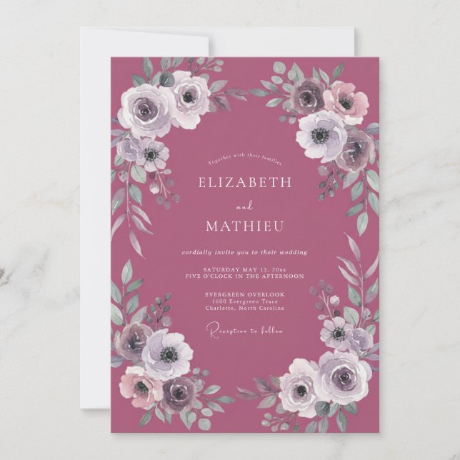 Convite Casamento com Ranúnculo Folhoso Roxo (Frente)