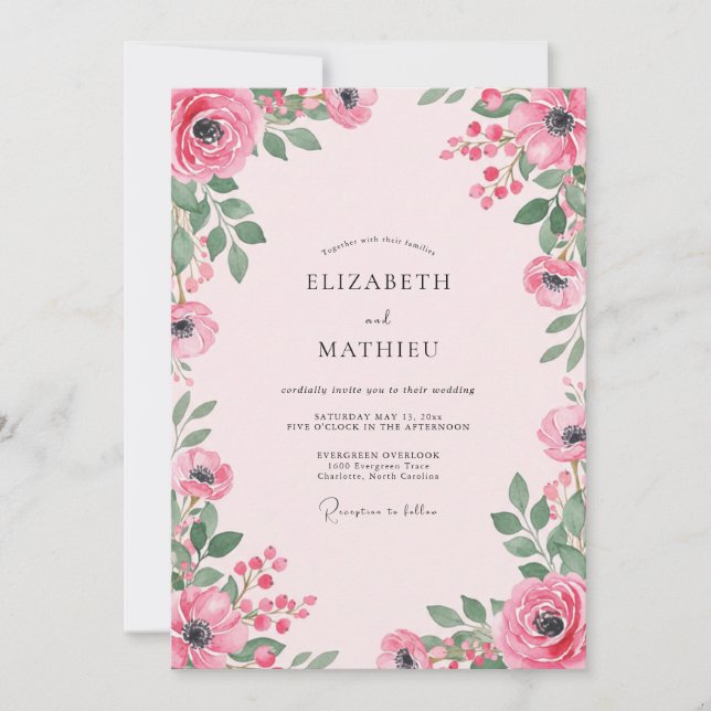 Convite Casamento com Ranúnculo Magenta e Folhas (Frente)