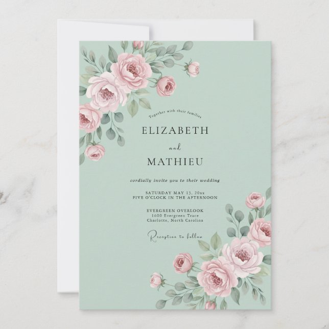 Convite Casamento com Ranúnculo Pastel Menta Cinza Eucalip (Frente)
