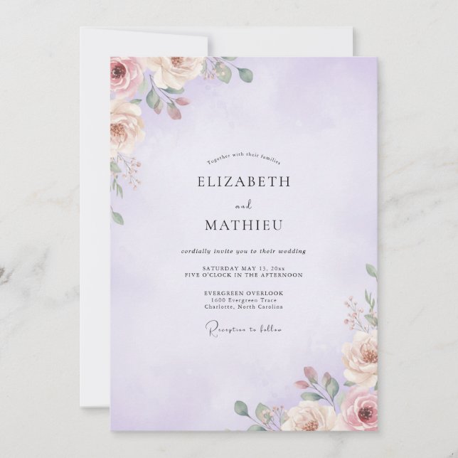 Convite Casamento com Ranúnculo Salvia Roxo Desbotado (Frente)