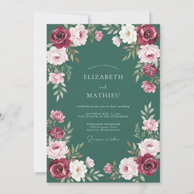 Convite Casamento com Ranunculus Azul-turquesa Profundo e  (Frente)