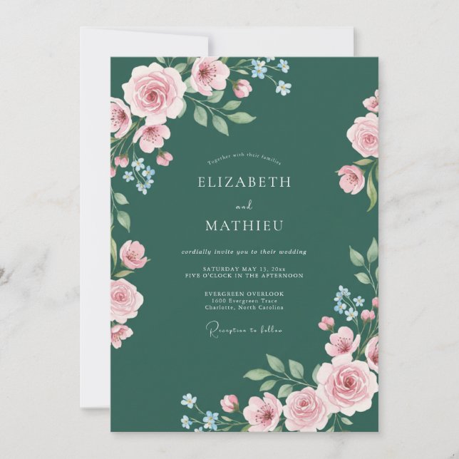 Convite Casamento com Ranunculus Azul Turquesa Profundo e  (Frente)