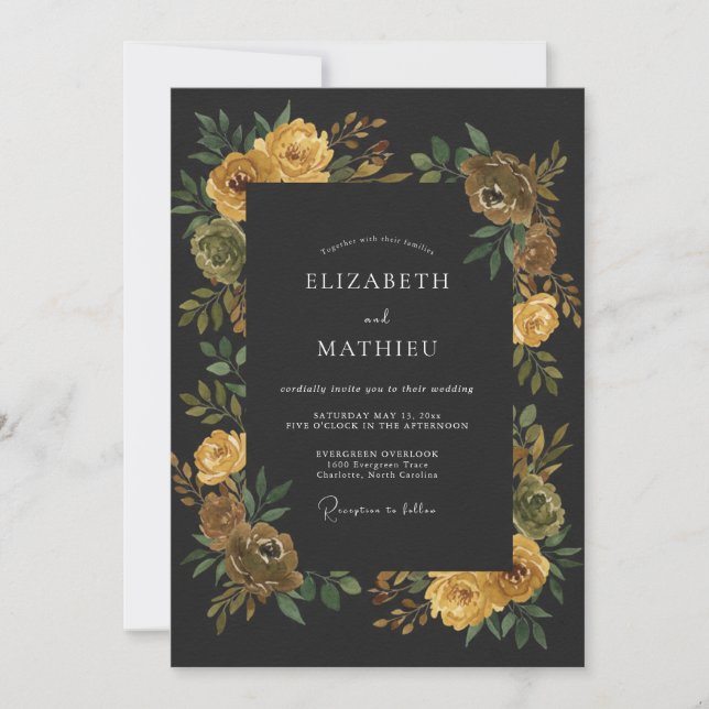 Convite Casamento com Ranunculus Eucalipto Amarelo Carvão (Frente)