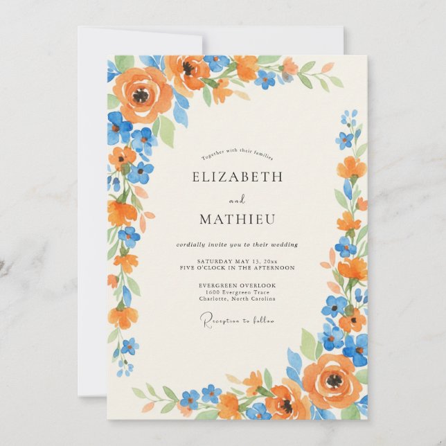 Convite Casamento com Ranunculus Eucalipto Âmbar Azul (Frente)
