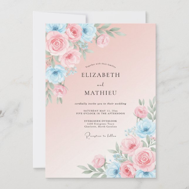 Convite Casamento com Ranunculus Eucalipto Azul Bege (Frente)