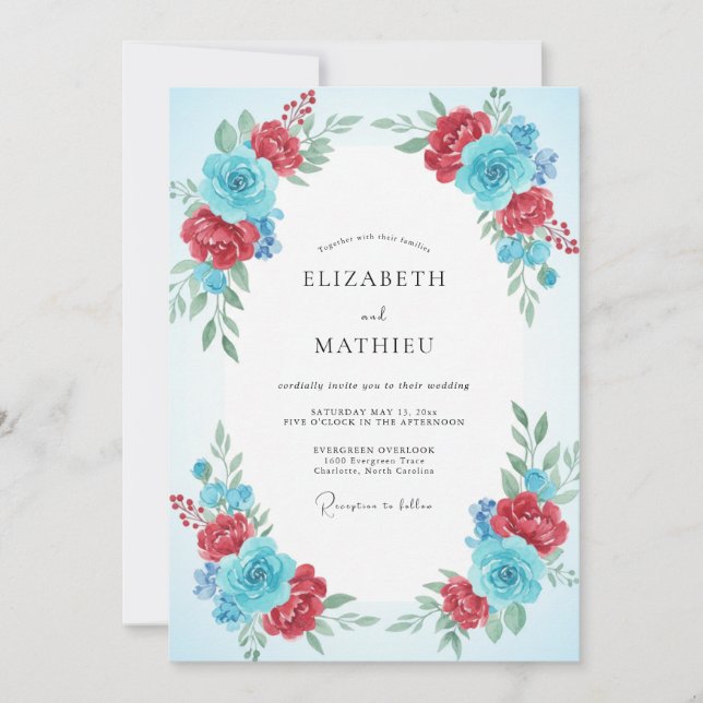 Convite Casamento com Ranunculus Eucalipto Azul Rubi (Frente)