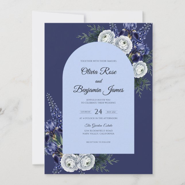 Convite Casamento com Ranunculus Eucalipto Branco Índigo (Frente)