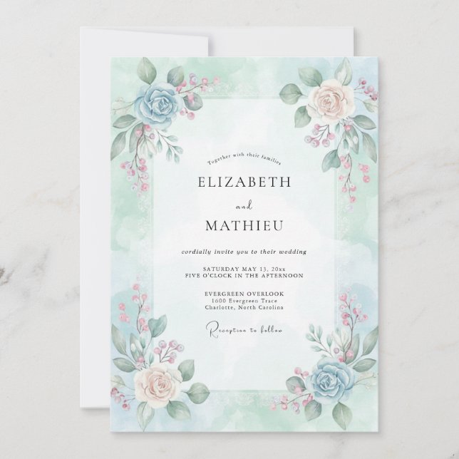 Convite Casamento com Ranunculus Eucalipto Champagne no Cé (Frente)