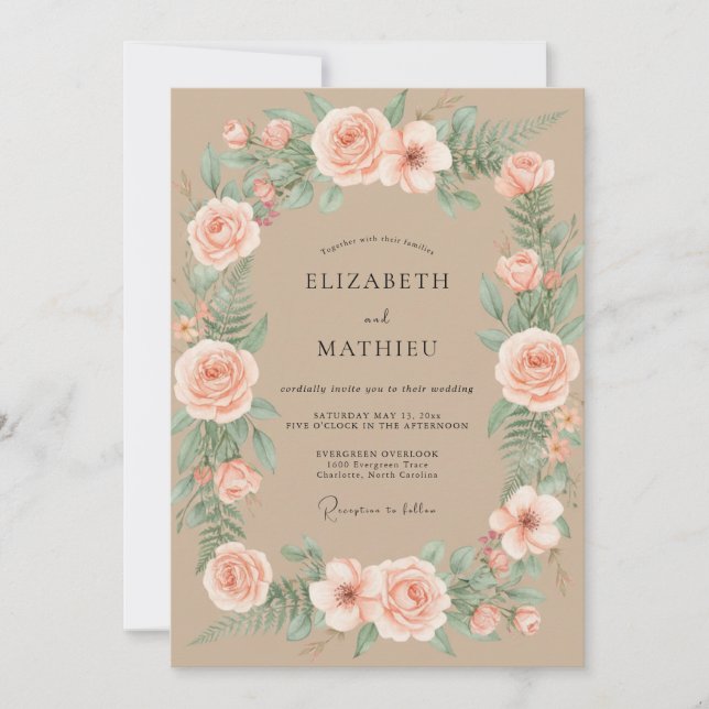 Convite Casamento com Ranunculus Eucalipto Champanhe Rosa (Frente)