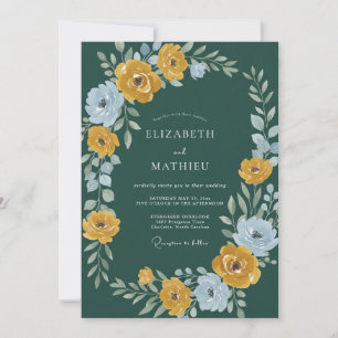Convite Casamento com Ranunculus Eucalipto Dourado e Azul-