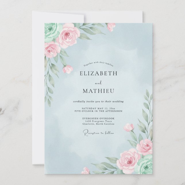 Convite Casamento com Ranunculus Eucalipto Rosa no Céu (Frente)