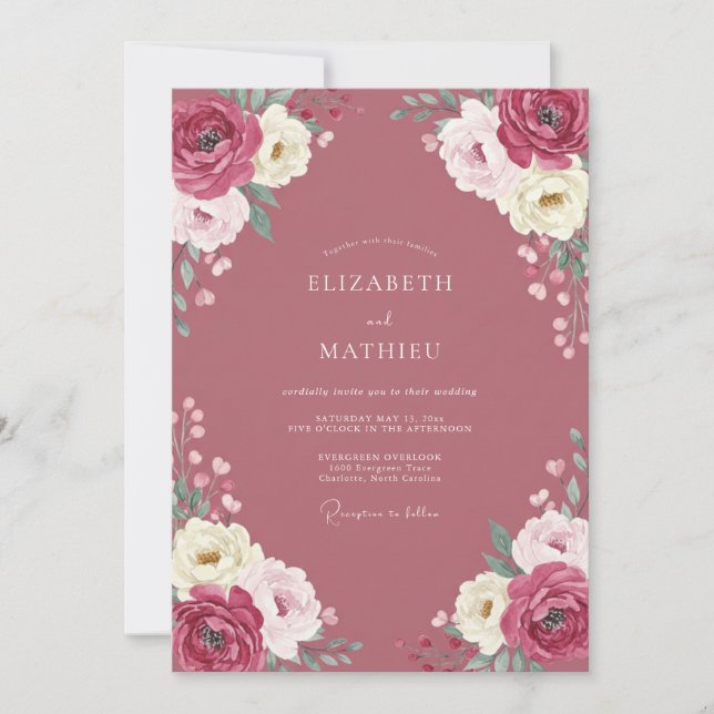 Convite Casamento com Ranunculus Eucalipto Vinho Empoeirad (Frente)
