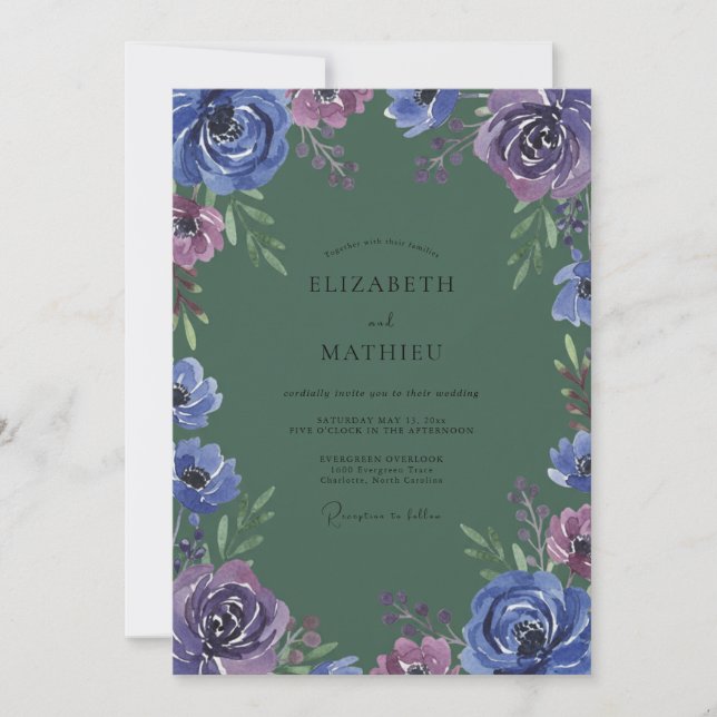 Convite Casamento com Ranunculus Eucalipto Violeta Índigo (Frente)