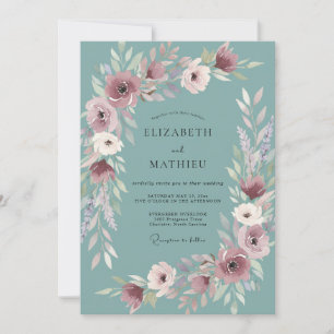 Convite Casamento com Ranunculus Plum Steel Cinza Eucalipt