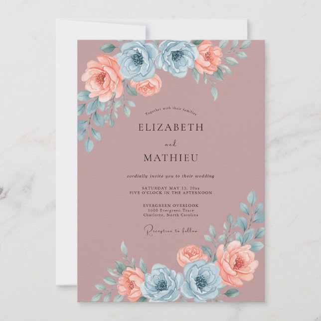 Convite Casamento com Ranunculus Sage em Aço e Pêssego (Frente)