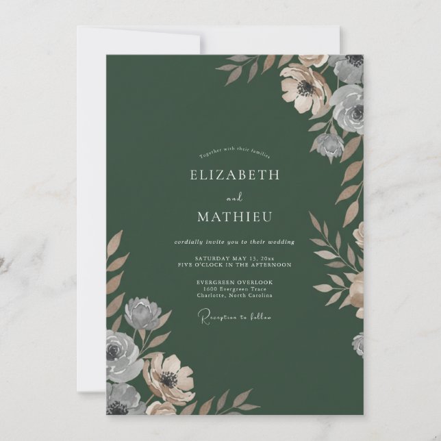 Convite Casamento com Ranunculus Taupe e Eucalipto na Flor (Frente)