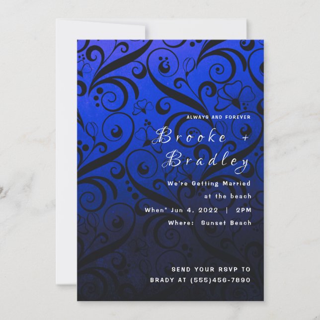 Convite Casamento com Redemoinho Floral Azul (Frente)