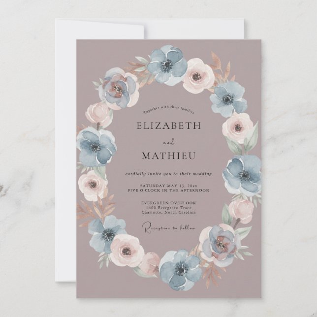 Convite Casamento com Redemoinho Floral Azul Empoeirado (Frente)