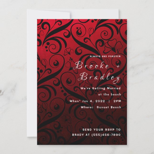 Convite Casamento com redemoinho floral vermelho e preto (Frente)