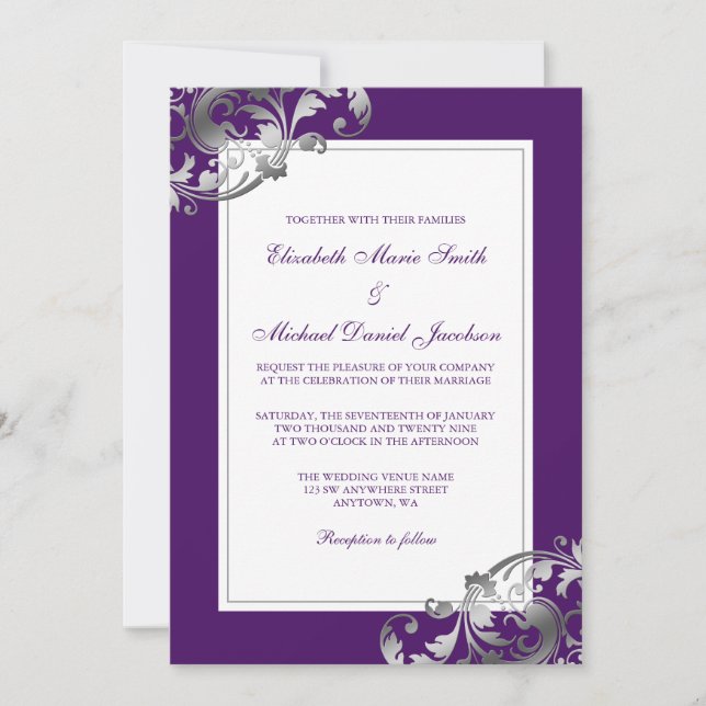 Convite Casamento com Redemoinhos de Flores Prateadas e Ro (Frente)