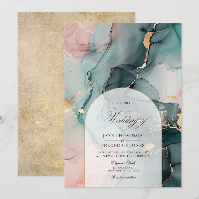 Convite Casamento com Redemoinhos de Tinta Rosa e Azul e F (Frente/Verso)
