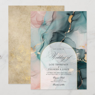 Convite Casamento com Redemoinhos de Tinta Rosa e Azul e F
