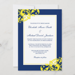 Convite Casamento com Redemoinhos Floridos em Azul Marinho