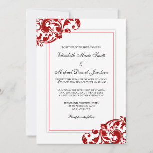 Convite Casamento com Redemoinhos Floridos Vermelhos e Bra