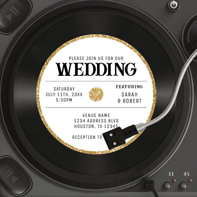 Convite Casamento com Registro de Vinilo Glitter Dourado R (Retro Gold Glitter Vinyl Record Wedding Invitation)