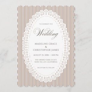 Convite Casamento com Renda de Listra Marrom Mocha