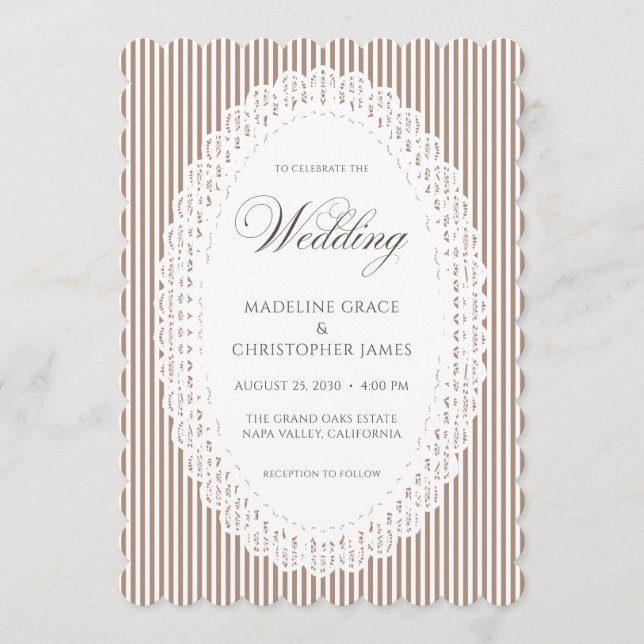 Convite Casamento com Renda de Listra Marrom Mocha (Frente)