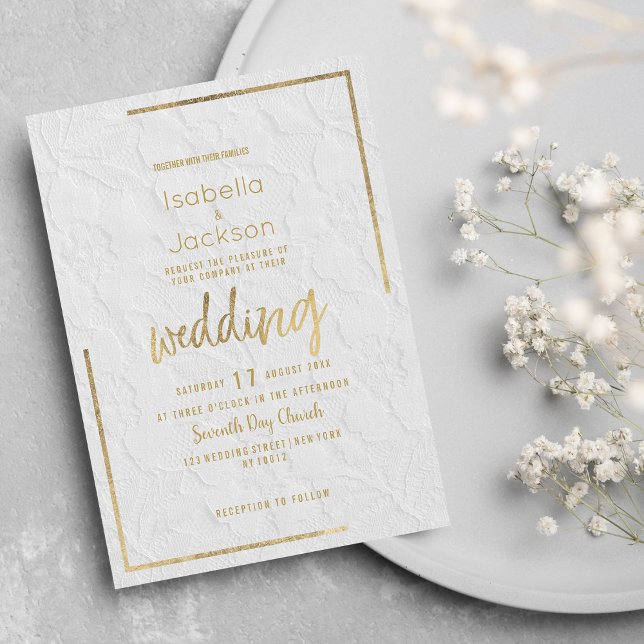 Convite Casamento com renda floral de francês de ouro bran (Elegant white gold french floral lace Wedding Invitation)