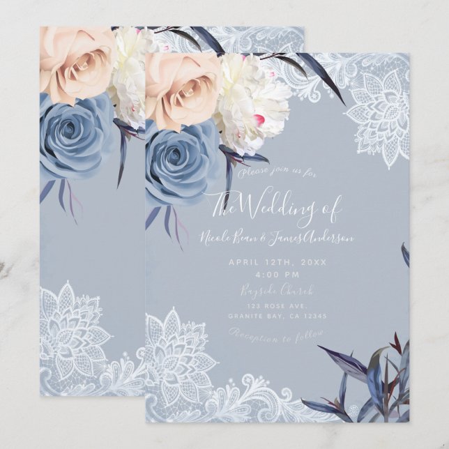 Convite Casamento com Renda Floral em Tons de Azul Desbota (Frente/Verso)