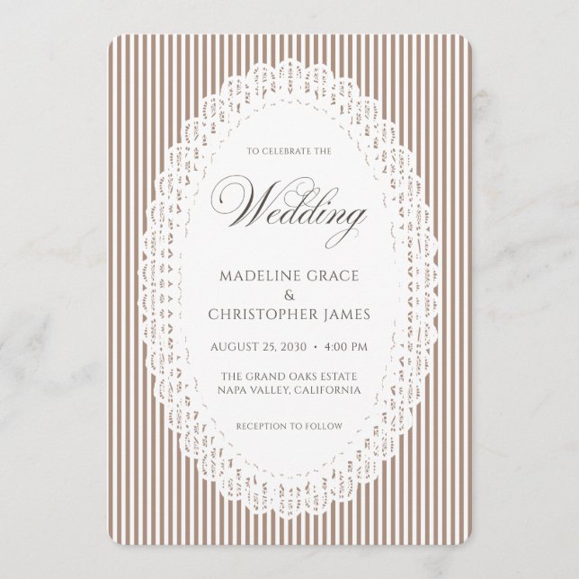 Convite Casamento com Renda Listrada Marrom Mocha (Frente)