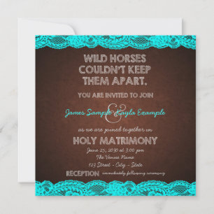 Convite Casamento com Renda Marrom Antigo e Azul Turquesa