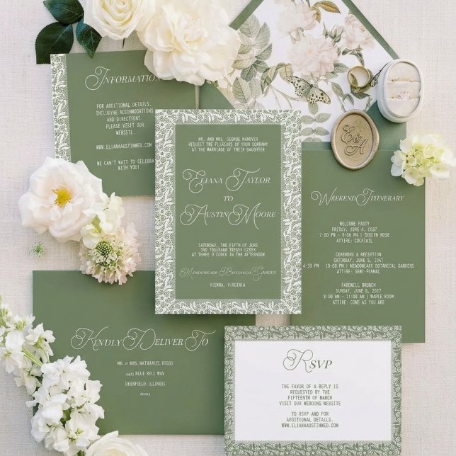 Convite Casamento com Renda Oliva de Dinheiro Antigo (Criador carregado)