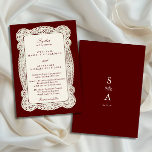 Convite Casamento com Renda Vintage em Borgonha e Marfim