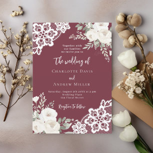 Convite Casamento com rendas de rosas brancas Merlot burgu