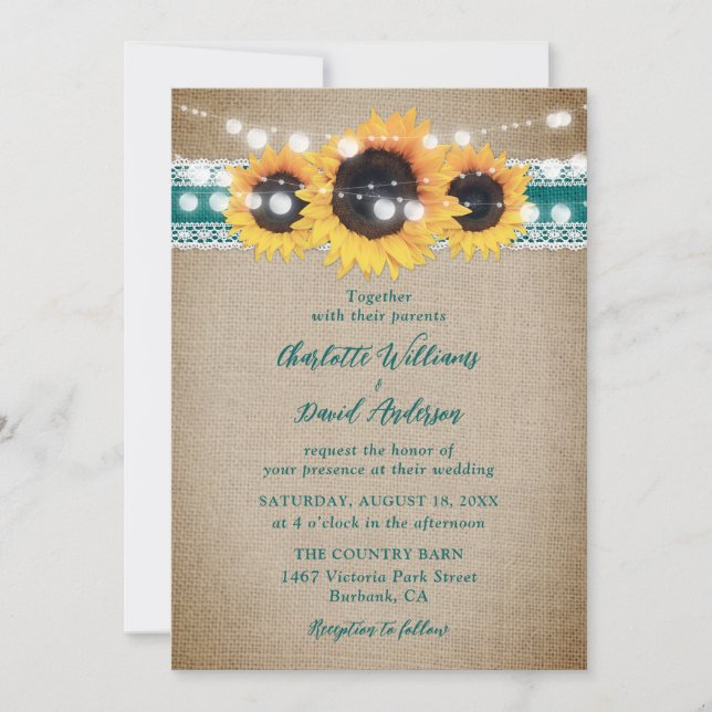 Convite Casamento com rendas de Teal Vintage Sunflower (Frente)