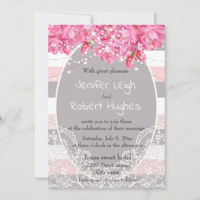 Convite Casamento com rendas florais em tiras rosa (Frente)